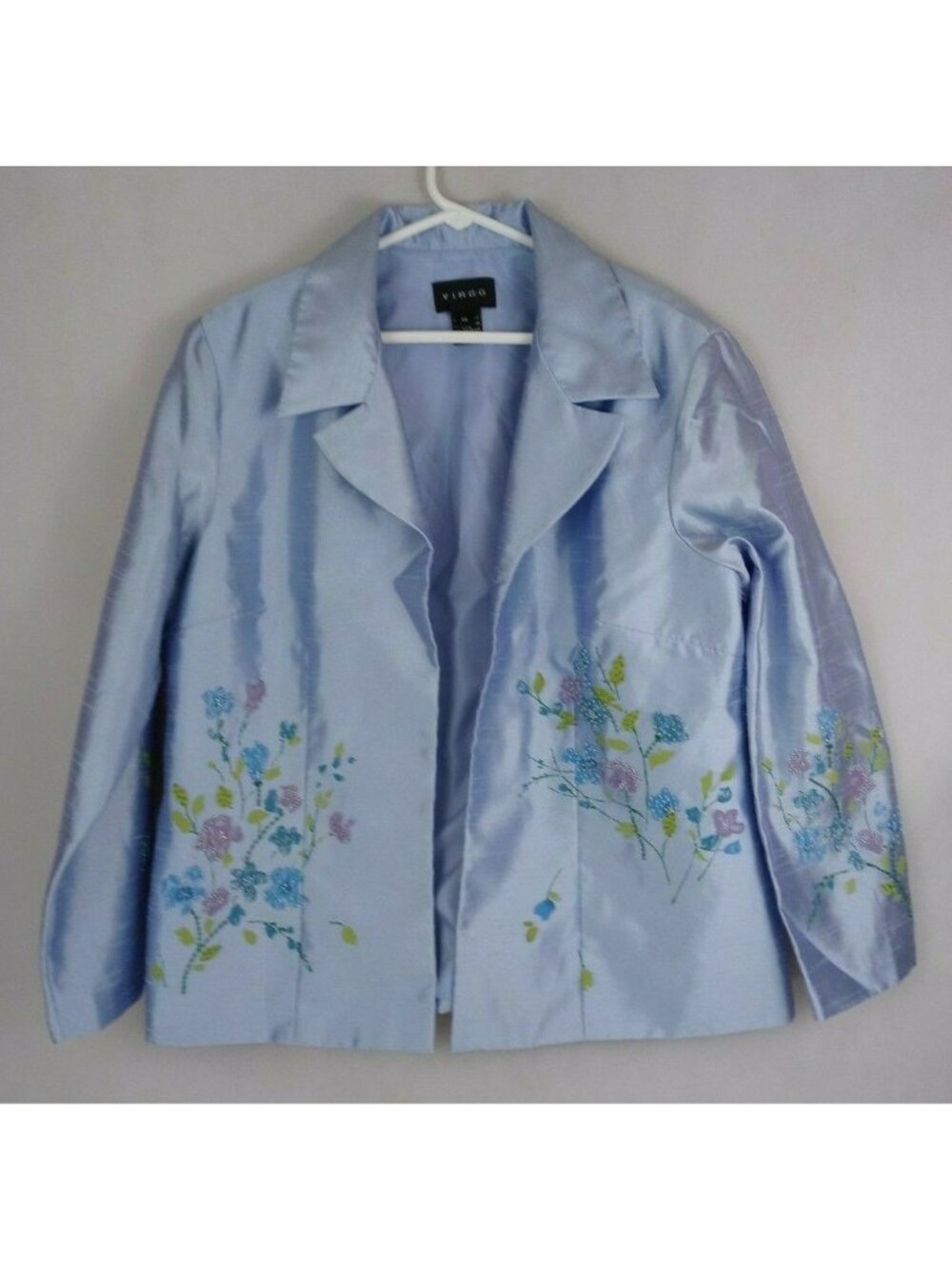 Vintage Virgo Women's Lavender Beaded Floral Open Front Blazer Jacket Size 14